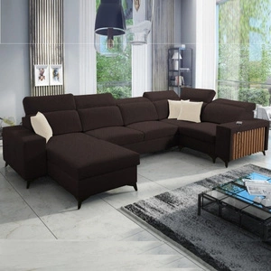 Rohová sedací souprava s funkcí spaní Kelly IV hnědá levá opletená pohodlná rohová sedací souprava nastavitelné opěrky hlavy boční čalounění s lamelami