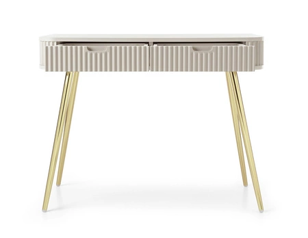 Béžová konzola Zoya se zásuvkami stylový a funkční toaletní stolek zakřivený masivní tvar rýhovaná čela zásuvek zlaté nohy