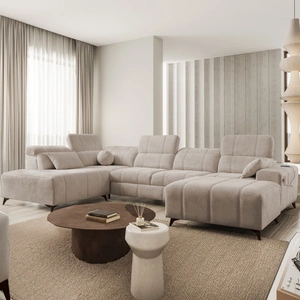 Rohová rozkládací pohovka s funkcí spaní Penejos VI tmavě béžová pravá rohová rozkládací pohovka se dvěma lůžkovinami odolná tkanina