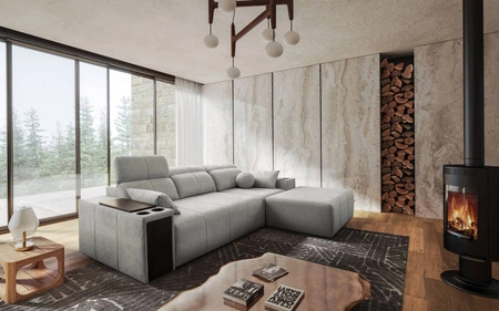 Rohová sedací souprava s funkcí spaní Tesalia šedý jasan pravý roh moderní design pohodlné posuvné opěradlo zásuvka v boku nábytku