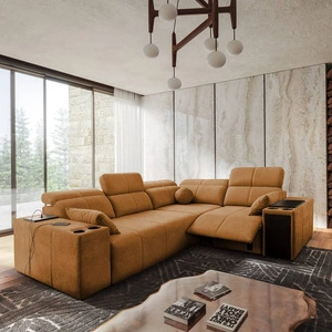 Rohová sedací souprava s funkcí spaní Tesalia II Lux med pravá pohodlná rohová sedací souprava s posuvným opěradlem a výsuvnou podnožkou