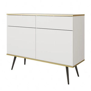 Komoda se zásuvkami Luxury 107 cm bílá moderní design obývacího pokoje korpus komody doplněný zlatým lemováním černé kovové nohy