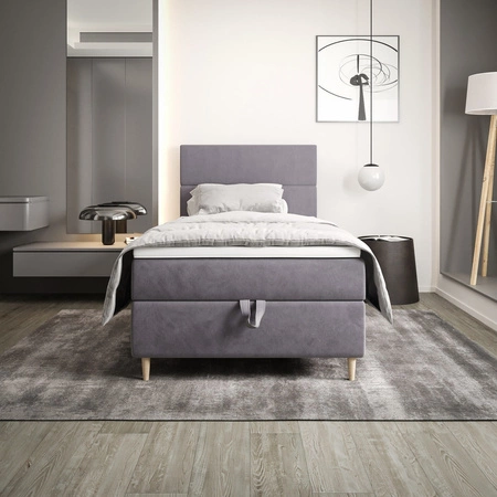 Kontinentální postel Bing 100x200 světle šedá v moderním skandinávském stylu s čalouněným čelem postele s úložným boxem