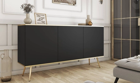 Komoda Luxury 160 cm černý elegantní designový korpus doplněný zlatým lemováním komoda stojí na kovových nohách ve zlaté barvě