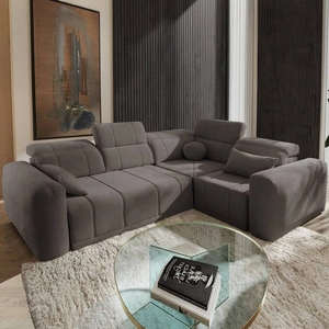 Rohová sedací souprava s funkcí spaní Cetara II šedohnědá pravostranná stylový design posuvné opěrky zad nastavitelné podhlavníky a kontejner na lůžkoviny