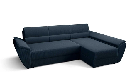Rohová pohovka s funkcí spaní Fogu III modrá pravostranná stylová rohová pohovka s područkami a úložným prostorem na lůžkoviny manšestrová látka