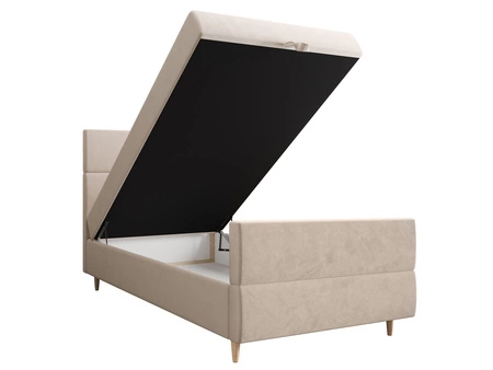 Benet 90x200 béžová kontinentální postel v moderním skandinávském stylu s čalouněným čelem a nohou postele s úložným boxem