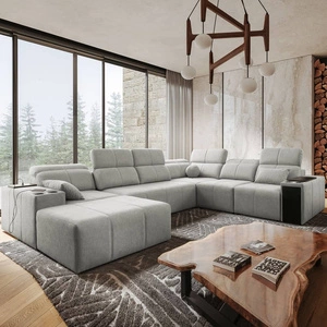 Rohová sedací souprava s funkcí spaní Tesalia VIII šedý jasan levá pohodlná rohová sedací souprava do obývacího pokoje s funkcí posuvného opěradla