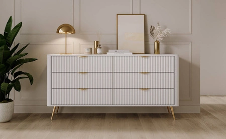 Zásuvková komoda Lante 163 cm bílá elegantní design komoda oválného tvaru na vysokých nohách vkusné rýhované čelo