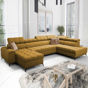 Rohová sedačka s funkcí spaní Bolmso VI hořčice levá pohodlná rohová sedačka s nastavitelnými opěrkami hlavy dekorativní prošívání na sedáku