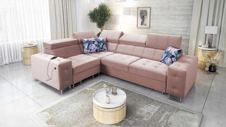 Rohová pohovka s funkcí spaní Hampton II quartz pink levá strana stylové rohové rozkládací pohovky měkká sametová potahová látka