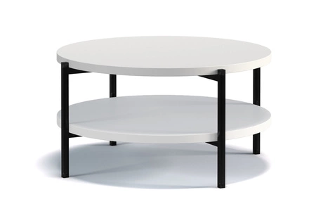 Kulatý konferenční stolek 84 cm Sampi bílá s přídavnou policí světlý design masivní kovová podnož ideální stolek pro jakékoli uspořádání