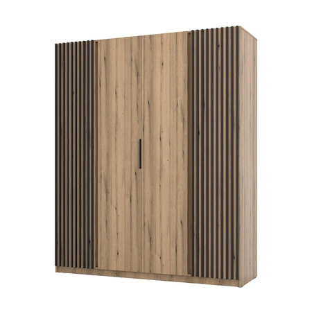 Šatní skříň Kastano XI 200 cm dub evokuje moderní design dveří šatní skříně zdobené černými lamelami stylové hrany úchytek