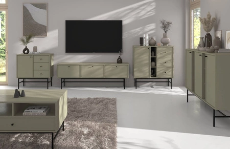 Sada nábytku do obývacího pokoje Kioto III eukalyptus stylový design elegantní nábytek na kovovém černém rámu decentní úchytky