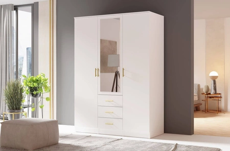 Šatní skříň Adel 150 cm bílá elegantní design klasická forma šatní skříně se zrcadlem do ložnice nebo šatny prostorné zásuvky zlaté úchyty