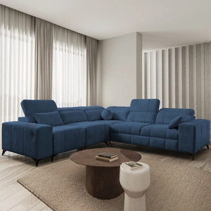 Rohová sedačka s funkcí spaní Penejos III modrá levá mimořádně pohodlná a praktická rohová sedačka do obývacího pokoje dvě nádoby na lůžkoviny