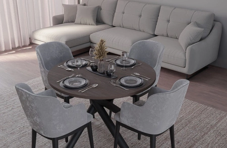 Kulatý stůl Lyon 110 cm wisconsin ořech / černý designový jídelní stůl kovové pavoučí nohy výškově nastavitelné