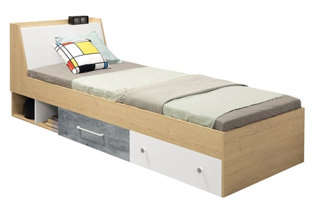 Postel se zásuvkami Cary 90x200 cm dub biskvit / bílá / beton moderní design lemování postele zakončené speciální ABS dýhou úložný prostor v čele postele