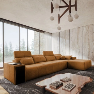 Rohová sedací souprava s funkcí spaní Tesalia XII med pravá moderní design pohodlný posuvný opěrák zásuvka v boční části nábytku