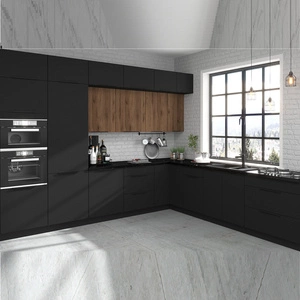 Rohová sestava kuchyňského nábytku Brianza / Černá 330x210 cm kovové úchytky skříněk vypadají skvěle v moderních interiérech
