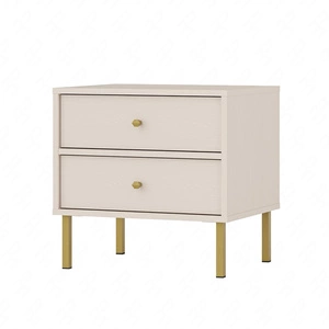 Noční stolek Kioto II béžový se zásuvkami ideální skříňka do ložnice na zlatém kovovém podstavci s jemnými úchyty