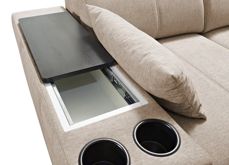 Rohová sedací souprava s funkcí spaní Tesalia béžová pravá strana moderní design pohodlné posuvné opěradlo zásuvka v boku nábytku