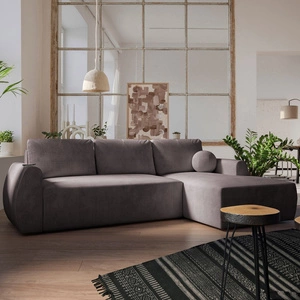 Rohová sedací souprava s funkcí spaní Colio hnědá pravostranná stylová rohová sedací souprava se zajímavým tvarem velurové tkaniny s dekorativním polštářem koule