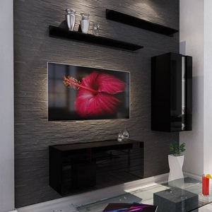 Nástěnná skříň Magnus černý lesk závěsná umožňuje uspořádat multimediální kout v mimořádně moderním stylu