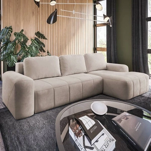 Rohová sedací souprava s funkcí spaní Bovec béžová pravostranná stylová rohová sedací souprava s ergonomickým tvarem z hydrofobní tkaniny