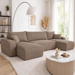 Rohová sedací souprava s funkcí spaní Fiesta U světle hnědá stylová rohová sedací souprava se zajímavým tvarem odolná manšestrová látka nádoba na lůžkoviny