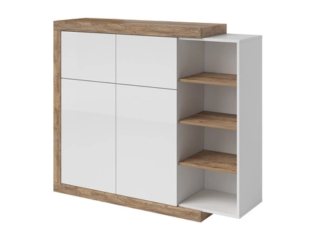 Vysoká komoda Sintra 151 cm dub samdal / bílý lesk originální designová komoda do obývacího pokoje se zajímavým tvarem a systémem push to open