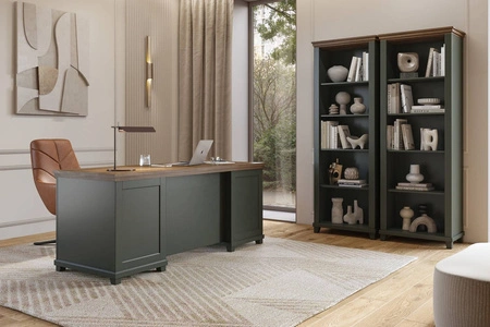 Nábytková sestava Evora lahvově zelená / dub lefkas vkusným designem potěší milovníky výrazných interiérů do kanceláře nebo pracovny