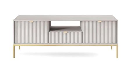 Nábytková sestava Lovro šedá moderní designová nástěnná skříňka do obývacího pokoje nebo zasedací místnosti obohacená o zlaté kovové doplňky