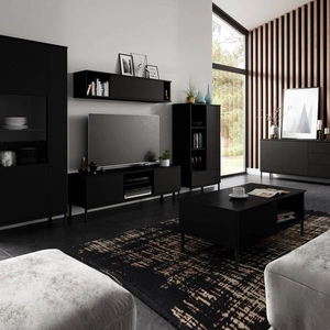 Nábytková sestava Tutti černá jednoduchá forma nástěnné skříňky na kovovém černém podstavci bezúchytkový systém otevírání push to open