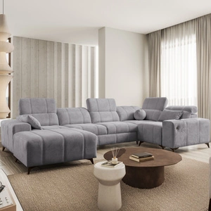 Rohová pohovka s funkcí spaní Penejos IV světle šedá levostranná stylová rohová pohovka se dvěma lůžkovinami odolná látka