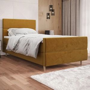 Kontinentální postel Benet 100x200 hořčice v moderním skandinávském stylu s čalouněným podhlavníkem a podnožkou s úložným boxem
