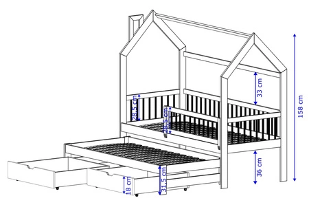 Dětská postel Dyzio 80x170 cm šedá Dvoumístná rozkládací postel do dětského pokoje Dřevěná postel v domku s prostornými zásuvkami