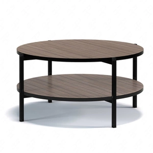 Konferenční stolek kulatý 84 cm Sampi kapitánská paluba s přídavnou policí lehký design kovová podnož ideální stolek pro jakékoli uspořádání