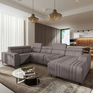 Rohová pohovka s funkcí spaní Castel IV šedohnědá pravostranná stylová rohová pohovka s kontejnery na lůžkoviny a nastavitelnými opěrkami hlavy