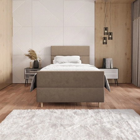 Kontinentální postel Benet 100x200 světle hnědá v moderním skandinávském stylu s čalouněným čelem a nohama postele s úložným boxem