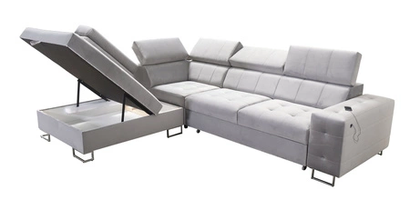 Rohová pohovka Hampton VII s funkcí spaní tmavě modrá levá rohová pohovka do pokoje ze sametové látky s hladkým povrchem