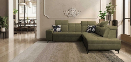 Rohová sedačka s funkcí spaní Buffalo IX olivová pravá strana Stylová rohová sedačka do pokoje z velurové látky Dekorační polštáře