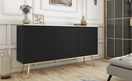 Luxusní komoda 160 cm černá elegantní design stylová drážkovaná čela korpus komody doplněný zlatým lemováním zlaté kovové nohy