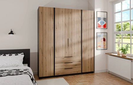Šatní skříň Kastano 200 cm černá / dub evoke stylový design kovové hrany úchytek ideální skříň do ložnice prostorné zásuvky