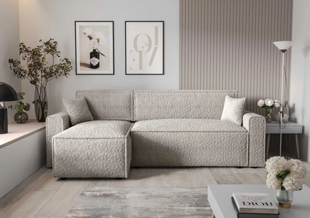 Rohová sedací souprava s funkcí spaní Brandon Bis krémová levá strana měkká tkanina s charakteristickou smyčkovou povrchovou nádobou na lůžkoviny