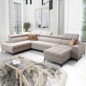 Rohová sedací souprava s funkcí spaní Bolmso VI béžová pravá pohodlná rohová sedací souprava s nastavitelnými opěrkami hlavy dekorativní prošívání na sedáku