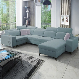 Rozkládací pohovka Kelly Sleek IV Arktická modrá pravostranná rohová rozkládací pohovka s koši na lůžkoviny tkaná látka