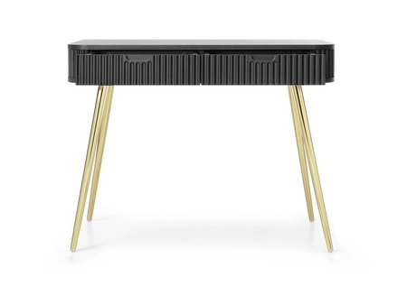 Černá konzola Zoya se zásuvkami stylový a funkční toaletní stolek zakřivený masivní tvar rýhovaná čela zásuvek zlaté nohy