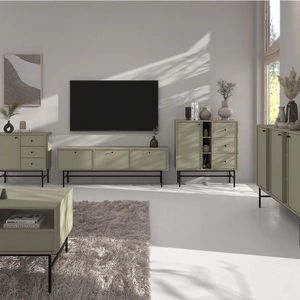 Sada nábytku do obývacího pokoje Kioto III eukalyptus stylový design elegantní nábytek na kovovém černém rámu decentní úchytky