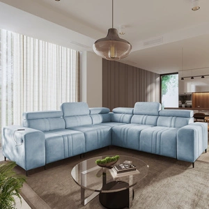 Rohová sedací souprava s funkcí spaní Castel III modrá levá rohová sedací souprava se dvěma kontejnery na lůžkoviny s nastavitelnými opěrkami hlavy